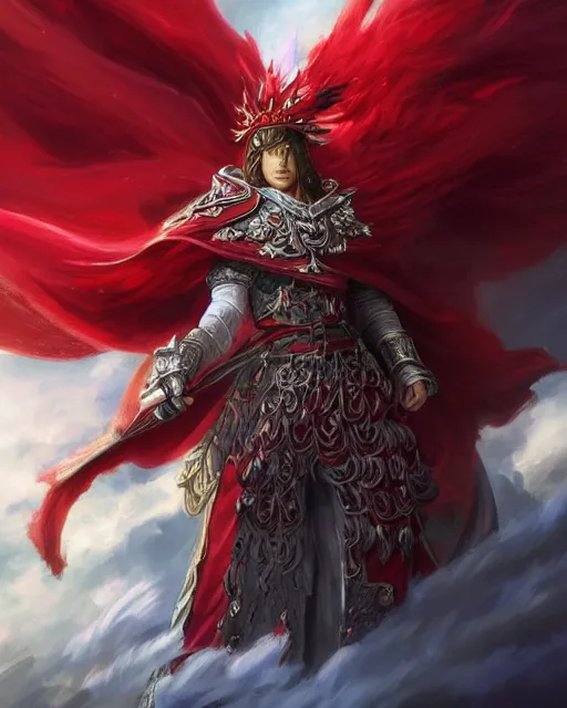 Image similar to A Full View of a Red Mage wearing magical shining armor and a feathered hat surrounded by an epic cloudscape. Magus. Red Wizard. Magimaster. Conquistador armor. Red and white stripes. Fantasy Illustration. masterpiece. 4k digital illustration. by Ruan Jia and Mandy Jurgens and Artgerm and greg rutkowski and Alexander Tsaruk and WLOP and Range Murata, award winning, Artstation, art nouveau aesthetic, Alphonse Mucha background, intricate details, realistic, panoramic view, Hyperdetailed, 8k resolution, intricate art nouveau