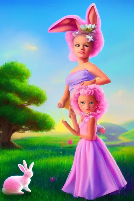 Image similar to matte sharp painting cute little girl and rabbit landscape painted by mark rydel artstation behance storybook lisa frank