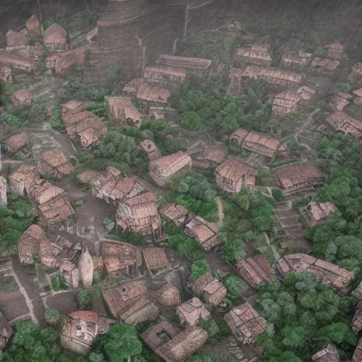 Image similar to the center of a poor medieval town under heavy rain at late dawn, in a valley, surrounded by mountains, highly detailed, octane render, ultra detailed cinematic, 8 k, widescreen, 1 6 : 9, hd