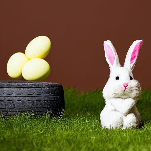 Image similar to a cute easter bunny sitting on a tire, studio photo, high quality