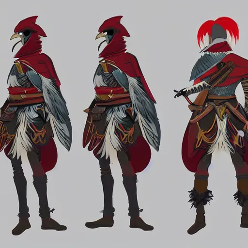 Image similar to avian leader in a army combat uniform created entirely of feathers holding a rapier with a bright red beak medieval theme rito breath of the wild, concept art, artistic