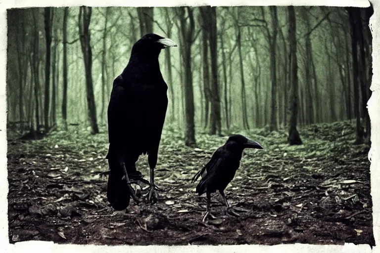 Image similar to !! human mixed with a crow, photograph captured in a dark forest