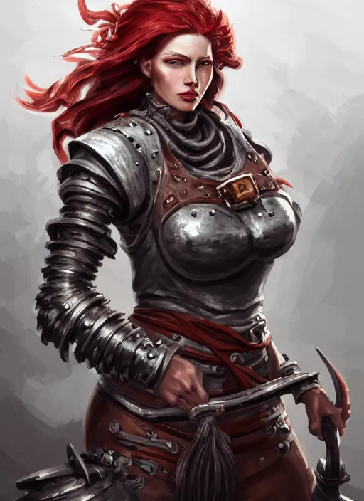 Image similar to a highly detailed illustration of fierce red haired blacksmith woman wearing blacksmith apron and armor, hyperdetailed perfect face, dramatic working pose, intricate, elegant, highly detailed, centered, digital painting, artstation, concept art, smooth, sharp focus, league of legends concept art, wlop.