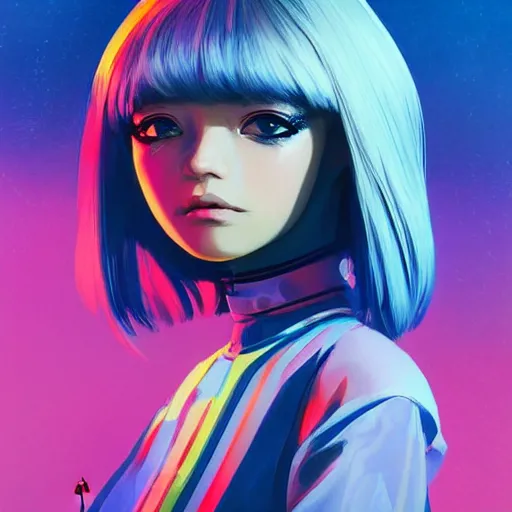 Image similar to poster woman with futuristic streetwear and hairstyle, colourful, cute face, big eyes, dynamic portrait, full face shot, intricate eyes, beautiful, elegant, Anime by Kuvshinov Ilya, Cushart Krentz and Gilleard James, 4k, HDR, Trending on artstation, Behance, Pinterest, award winning