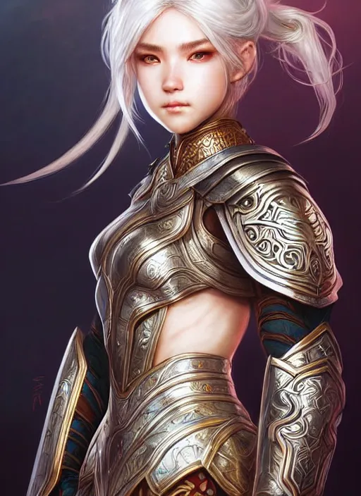 Image similar to warrior, intricate ornate opal heavy armor!!! beautiful and athletic white hair female!! gorgeous face and eyes!! character concept art, sharp focus, octane render! unreal engine 5! highly rendered!! trending on artstation!! detailed linework!! illustration by artgerm, wlop, and chie yoshii