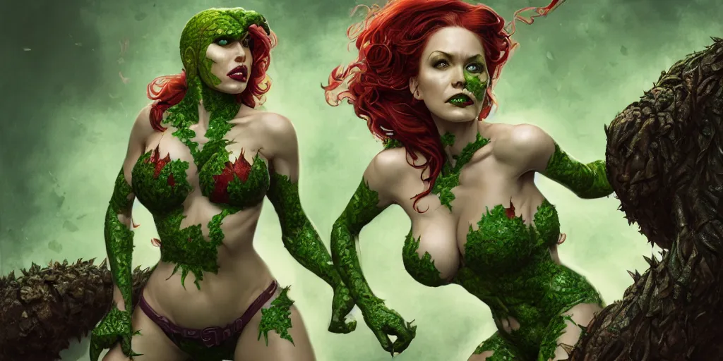 Image similar to poison ivy fighting killer croc DC comics, action and battle pose, illustration, symmetrical face and body, realistic eyes, artstation, cinematic lighting, hyperdetailed, detailed realistic symmetrical eyes, cgsociety, 8k, high resolution, Charlie Bowater, Tom Bagshaw, Norman Rockwell, insanely detailed and intricate, sewer background