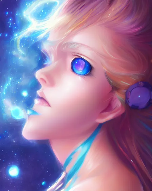 Image similar to A realistic anime portrait of a beautiful cosmic woman with glowing blue eyes and cosmic skin wearing clothes made of universes, digital painting, by Stanley Artgerm Lau, Sakimichan, WLOP and Rossdraws, digtial painting, trending on ArtStation, SFW version