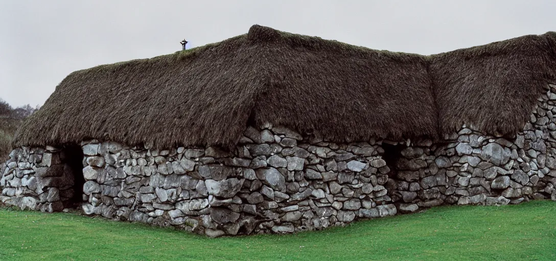 Prompt: scottish blackhouse made of white marble. fujinon premista 1 9 - 4 5 mm t 2. 9. portra 8 0 0.