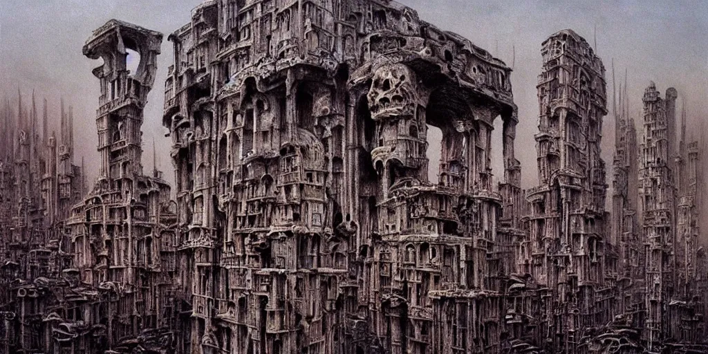 Image similar to a gigantic city where buildings are built out of skulls and bones, fleshy structures, surreal painting by hr giger and beksinski