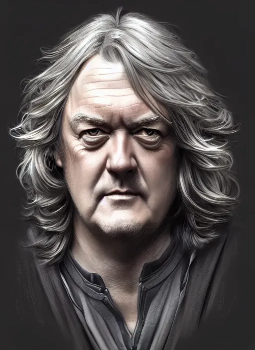 Image similar to portrait of james may, d & d, muscular, long grey hair, fantasy, intricate, elegant, highly detailed, digital painting, artstation, concept art, smooth, sharp focus, illustration, art by artgerm and greg rutkowski and alphonse mucha