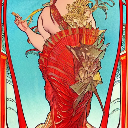 Image similar to Lady Liberty riding the red dragon of china, highly detailed, digital painting, smooth, sharp focus, illustration alphonse mucha