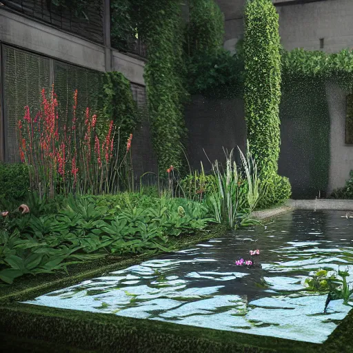 Image similar to a garden with a small pond inside an empty room, atmospheric lighting, octane render, unreal engine, 8 k