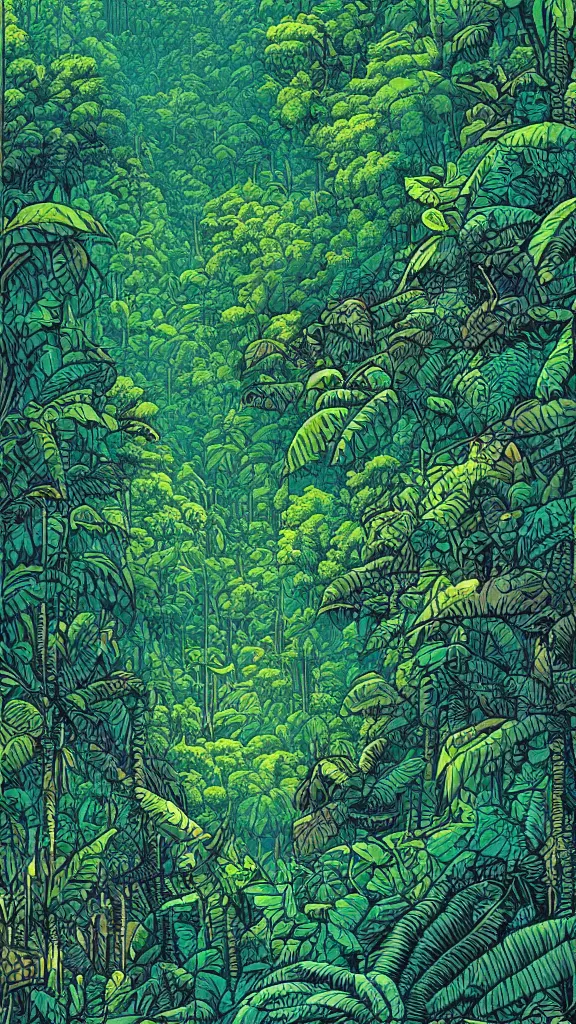 Image similar to a dense amazon rainforest jungle by dan mumford