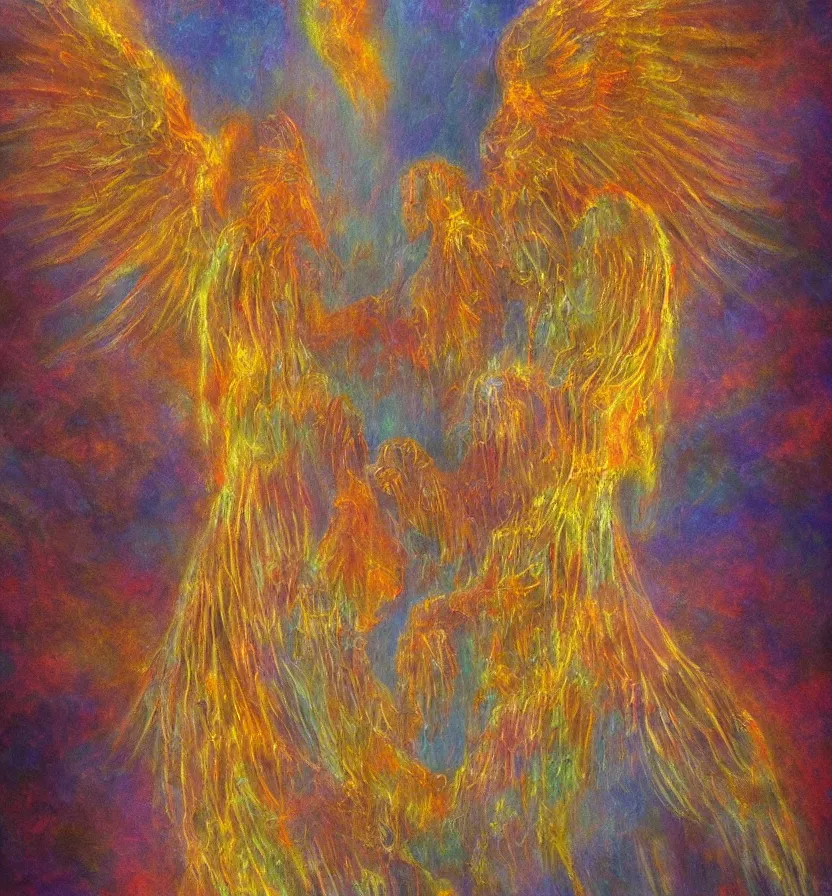 Image similar to last seraphim of the golden mythos beloved (dreamy) gnostic fog, award winning oil painting, chromatic aberration sharp colors