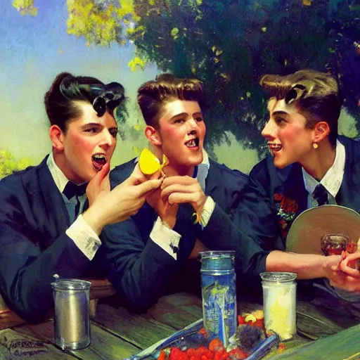 Image similar to three male teens wearing rockabilly outfits and eating lemon popsicles while looking at a woman by gaston bussiere, craig mullins, j. c. leyendecker 8 k