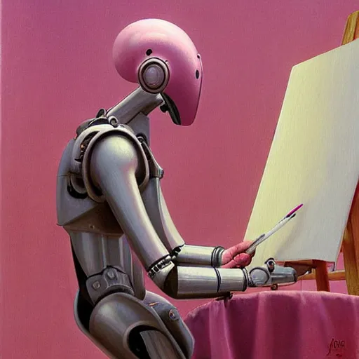 Image similar to pink robot artist artist painting a self portrait, by john howe