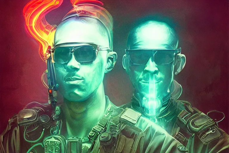 Image similar to Beautiful portrait of a glowing translucent body glowing male police officer wearing cool shades. Green fluorescent aura around officer, wide angle, magic, fire, darkness, dramatic lighting, Africa, intricate, wild, highly detailed, digital painting, artstation, concept art, smooth, sharp focus, illustration, art by artgerm and greg rutkowski and alphonse mucha, footage from space camera