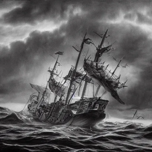 Image similar to a highly detailed hyperrealistic scene of a ship being attacked by giant squid tentacles, ultra realistic, jellyfish, squid attack, dark, voluminous clouds, thunder, stormy seas, pirate ship, dark, high contrast, yoji shinkawa, scary, m.c. Escher, highly detailed, brutal, beautiful, octopus arms attacking the ship from the storm, illusion, artgerm