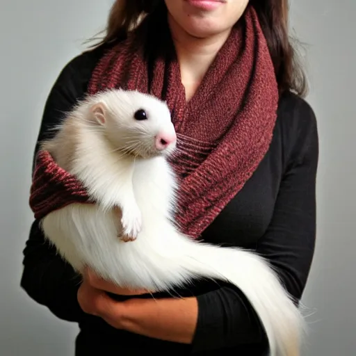 Image similar to long ferret like a scarf, wrapped up comfortably, living animal on your shoulders