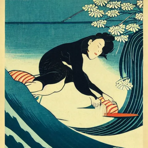 Image similar to girl surfing, woodblock print, style of hokusai, fine art, style of kanagawa, painting