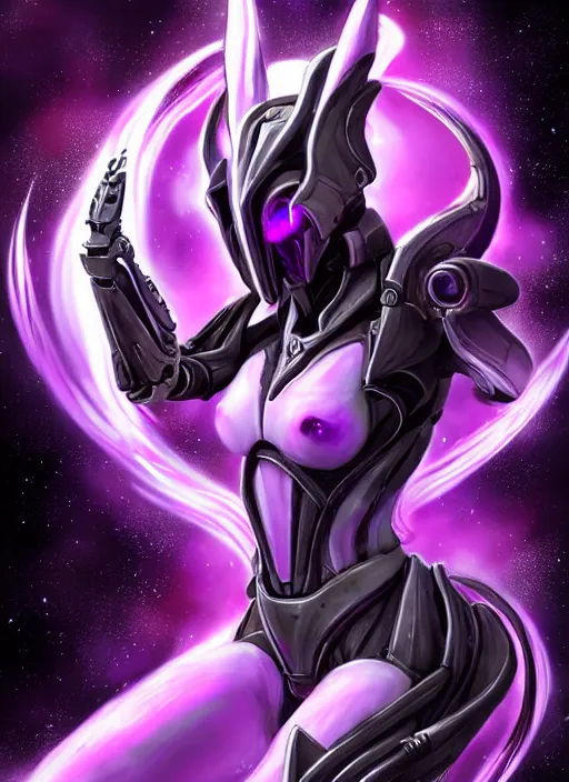 Image similar to cinematic goddess body shot, galactic sized proportional stunning beautiful hot female warframe, sleek mecha female dragon head, metal ears, led purple eyes, smooth fuschia skin, smooth silver armor, floating in space, holding a galaxy, epic proportions, epic size, epic scale, furry art, dragon art, giantess art, warframe fanart, furaffinity, octane