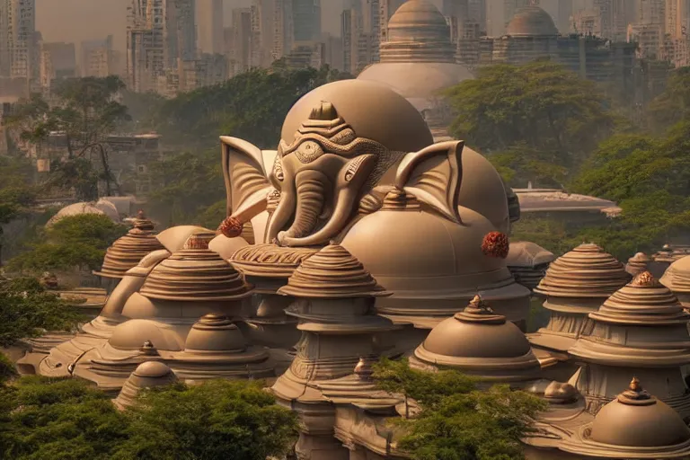 Image similar to beautiful futuristic biomorphic new delhi, sci - fi ganesha!! building, kalighat flowers, octane highly detailed cinematic, stephen shore & john j. park, soft morning light, wide shot, aerial shot, uhd 8 k, shallow depth of field