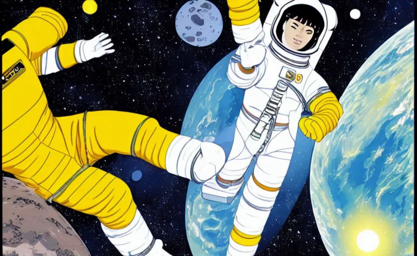 Prompt: yoko tsuno a female astronaut in slim yellow spacesuit floating in a scenic space environment next to spaceship