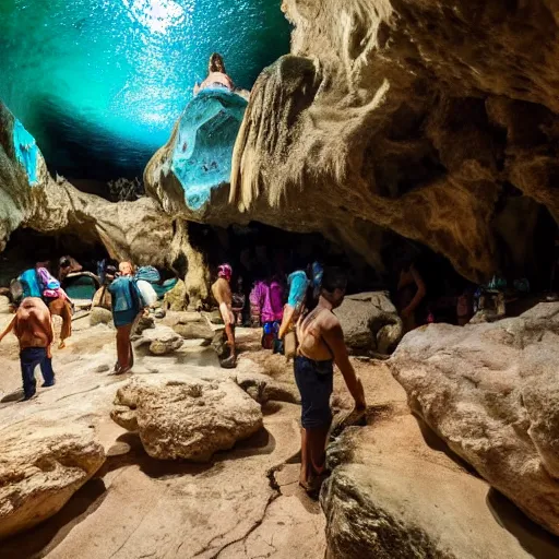 Image similar to photo of spelunkers exploring a beautiful majestic cave full of geodes, crystals, and gemstones. there is a natural pool of turquoise water. professional journalistic photography from national geofraphic.