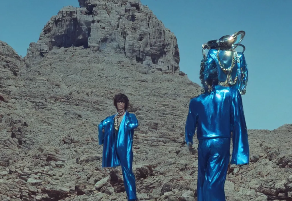 Image similar to mick jagger dressed in blue costume with many jewels in a dry rocky desert landscape, ultradetailed alien complex city and giant alien spaceship in the background, by christopher doyle and alejandro jodorowsky, anamorphic lens, kodakchrome, cinematic composition, masterpiece, 8 k