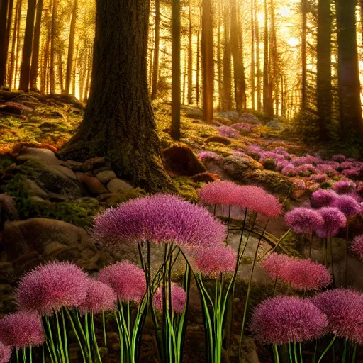 Image similar to allium flowers in a forest, golden hours, wilderness, cinematic lighting, trending on artstation