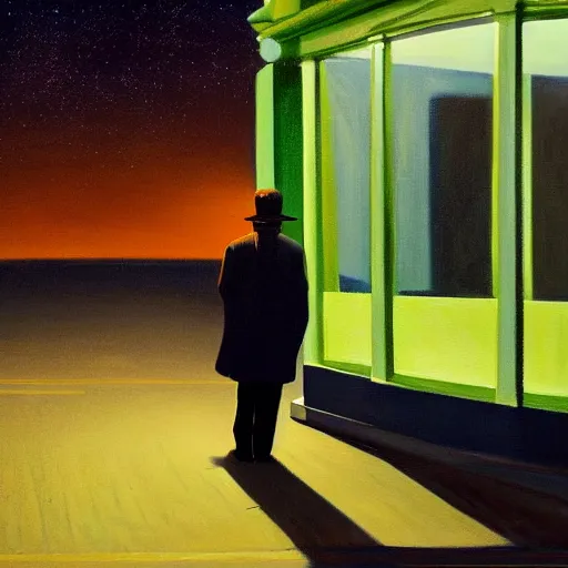 Prompt: a painting of a lonely man with a skull as his head waiting for the bus at night, green dramatic and cinematic light from the streetlight, the sky is full of stars, in the style of edward hopper, 4 k,