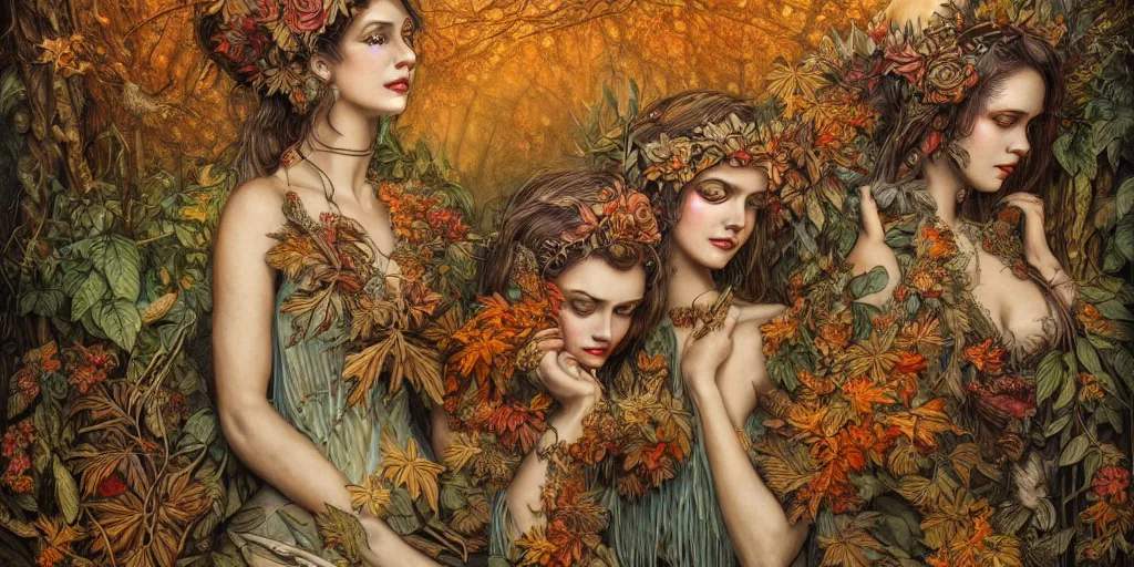 Image similar to breathtaking detailed concept art painting of goddesses of autumn by beto val, vintage illustration pattern with bizarre compositions blend of plants and stems and leaves, exquisite detail, extremely moody lighting, 8 k