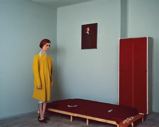 Prompt: a woman standing in a bedroom next to a bed, a colorized photo by Wes Anderson and Wilhelm Sasnal, tumblr, precisionism, 1970s, matte photo, provia , movie still