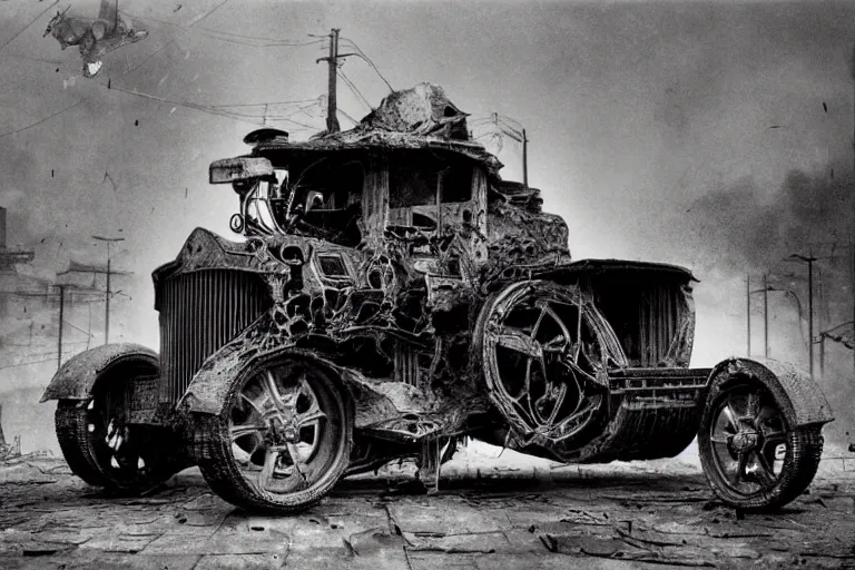 Image similar to cyberpunk 1 9 0 8 model ford t by paul lehr, beksinski, metropolis, parked by view over city, vintage film photo, robotic, silent movie, black and white photo, damaged photo