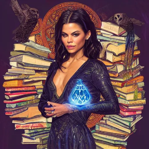 Image similar to a portrait jenna dewan as the goddess minerva surrounded by stacks of books, and owls, bioluminescent gown with deep level of detail of esoteric symbols, urban motifs, intricate, elegant, highly detailed, digital painting, trending on artstation, concept art, smooth sharp focus, illustration, art by artgerm and greg rutkowski