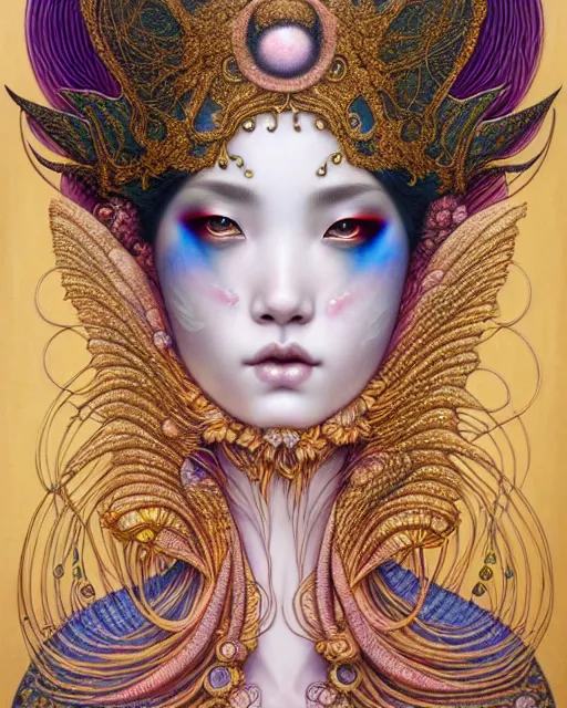 Image similar to portrait of a beautiful moon goddess, unusual beauty, esoteric, other worldly colors, head in focus, fantasy art, ornamental aesthetics, intricate, elegant, highly detailed, hyperrealistic painting, artstation, concept art, painterly, sharp focus, illustration, art by chie yoshii