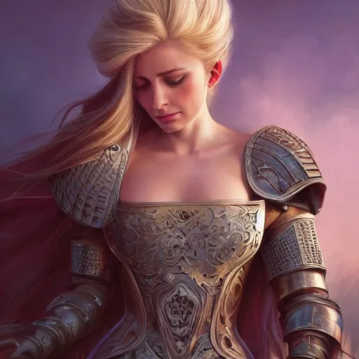 Prompt: A beautiful digital painting of a strong woman with blond haire, in a regal armor, princess, barbarian, D&D, fantasy, intricate, cinematic lighting, highly detailed, digital painting, Artstation, concept art, smooth, sharp focus, illustration, art by Artgerm and Greg Rutkowski, Alphonse Mucha and charlie bowater