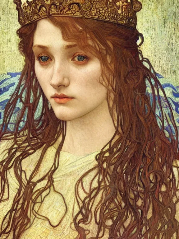 Image similar to detailed realistic beautiful young medieval queen face portrait by jean delville, alphonse mucha, vincent van gogh, and marco mazzoni, art nouveau, symbolist, visionary, gothic, pre - raphaelite