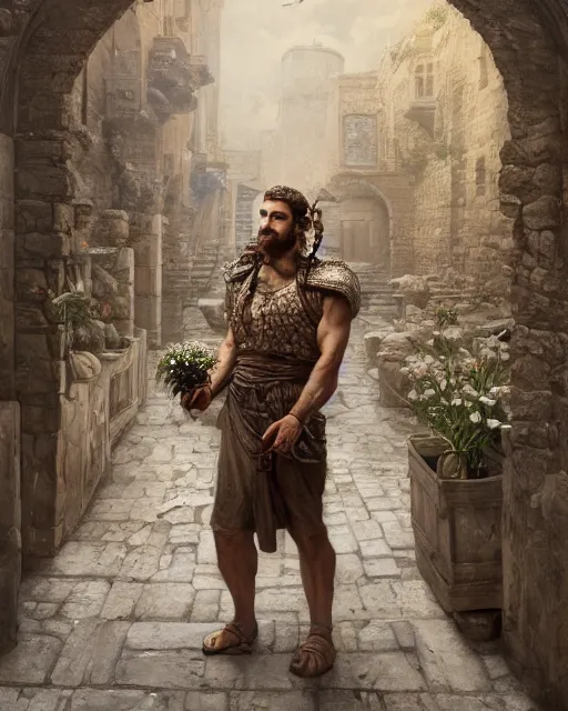 Prompt: jewish male flower seller in ancient courtyard, highly detailed face!, intricate braided hair, small nose, herculean, bulging muscular figure, beatiful gigachad with thin beard, soft lighting, wearing a toga and armour, beautiful flowers, murals, sharp focus, artstation, dnd, sophie anderson, arnold armitage, loish