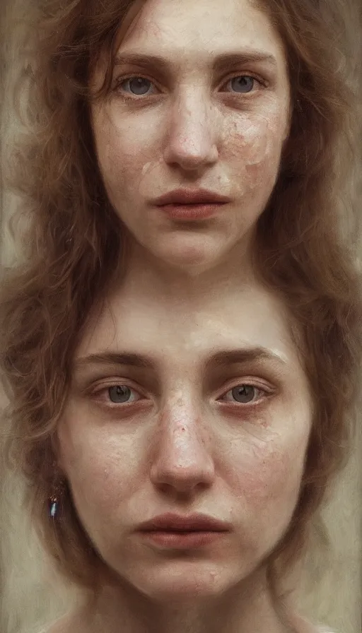 Image similar to cinematic portrait of young and severe woman with a crooked nose, intricate, elegant, by alyssa monks, highly detailed, symmetrical face, fine details, masterpiece, trending on artstation