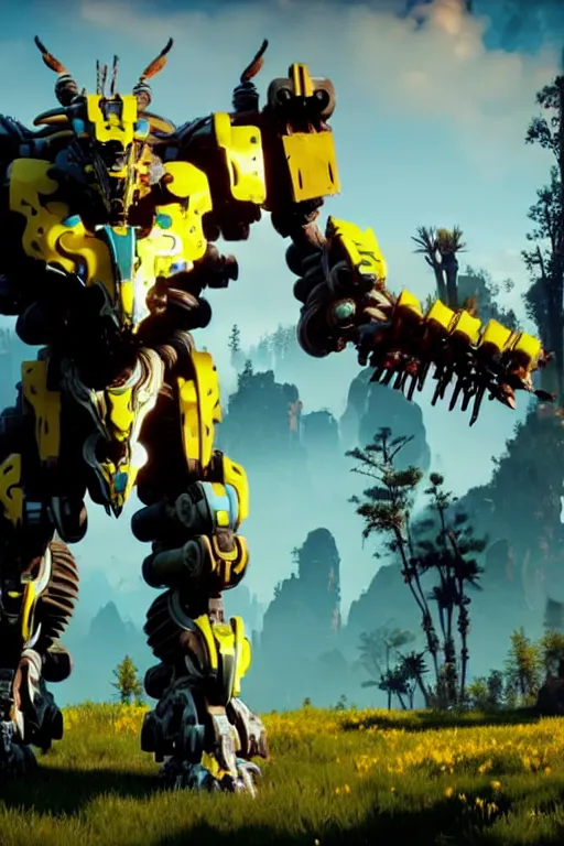 Prompt: a cinematic still from horizon zero dawn, skinny full body yellow humanoid, full body yellow bumblebee mech, decepticon armor plating, octane render, nvidia raytracing demo, masterpiece, aged armor plating, aggressive head,