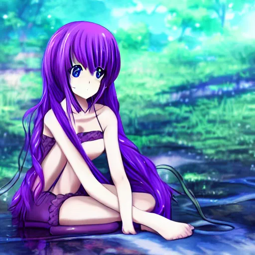 Image similar to an anime girl with purple tentacle hairs, sitting near a swamp