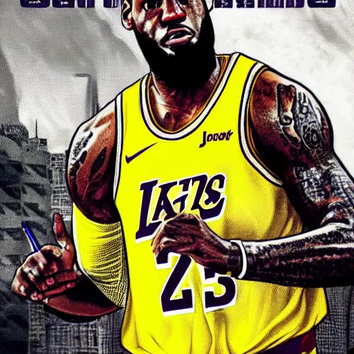 Prompt: lebron james in gta v cover art, art by stephen bliss, sharp details, sharp focus