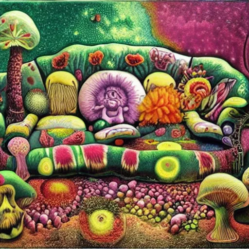 Image similar to psychedelic trippy couch in the lush forest, planets, flowers, mushrooms milky way, sofa, cartoon by giuseppe arcimboldo