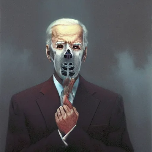 Image similar to presidential portrait of joe biden with shadowy mist pouring from mouth and nose as slenderman, by beksinski, jon mcnaughton, and stephen gammell