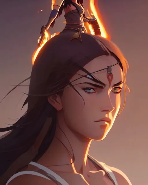 Image similar to azctec warrior, megan fox, detailed perfect face, exquisite details, fire magic, mid view, design on a white background, by studio muti, greg rutkowski makoto shinkai takashi takeuchi studio ghibli