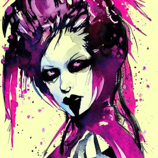 Prompt: Beautiful detailed watercolor medium shot of a cute goth punk girl by Bill Sienkiewicz, trending on pinterest