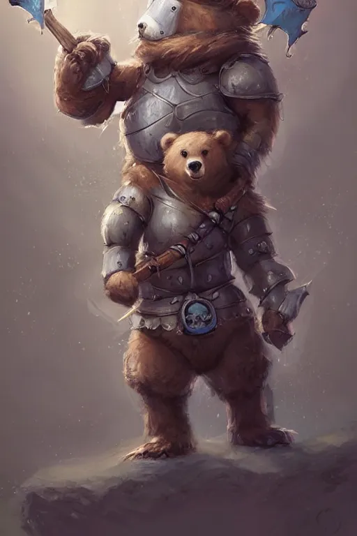 Image similar to cute little anthropomorphic bear knight wearing a cape and a crown, tiny, small, miniature bear, baby animal, short, pale blue armor, cute and adorable, pretty, beautiful, DnD character art portrait, matte fantasy painting, DeviantArt Artstation, by Jason Felix by Steve Argyle by Tyler Jacobson by Peter Mohrbacher, cinematic lighting