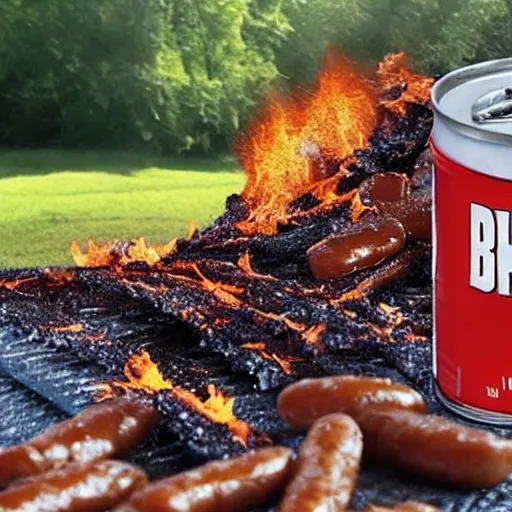 Prompt: very angry can of bush's baked beans combusts in a hellish blaze