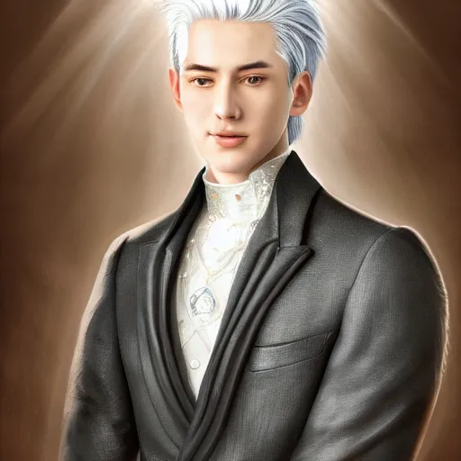 Image similar to a portrait of a young handsome prince with white hair, elegant, beautiful, backlit, incredible lighting, strong rim light, highly detailed, god rays, digital painting, HDRI, by Heise Jinyao, Heise-Lian Yan Fang, Feimo, Richard Taddei, vivid colors, high contrast, 8k resolution, intricate, photorealistic, smooth